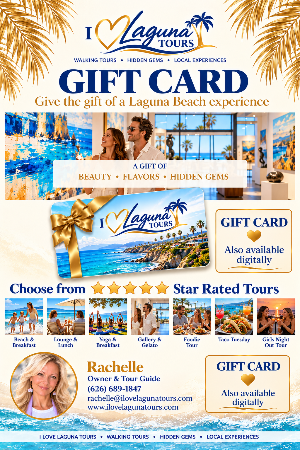 Approved I Love Laguna Tours gift card featuring the new logo and seven Laguna Beach tours