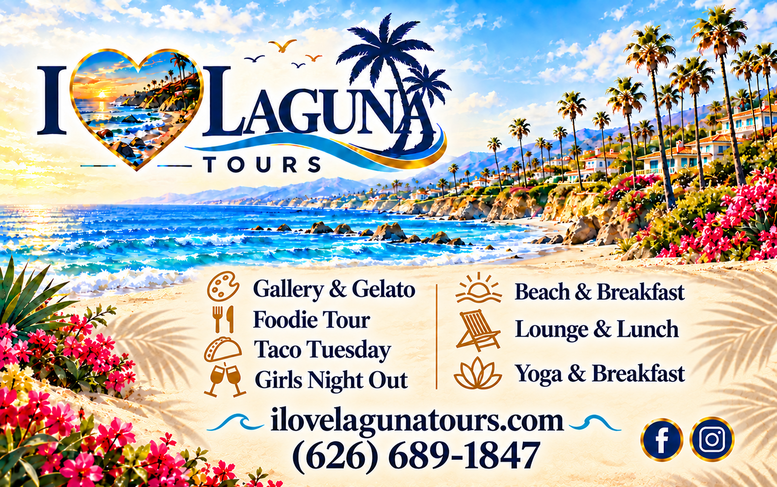I Love Laguna Tours gift card featuring seven tours and Laguna Beach scenery